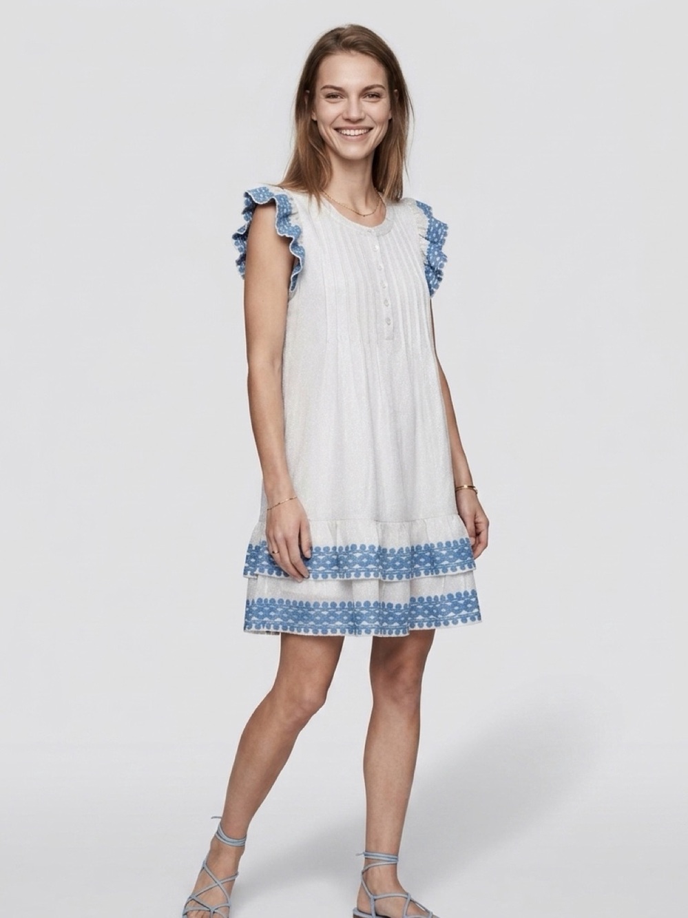 Sail to Sable White Dress with Blue Lace Trim